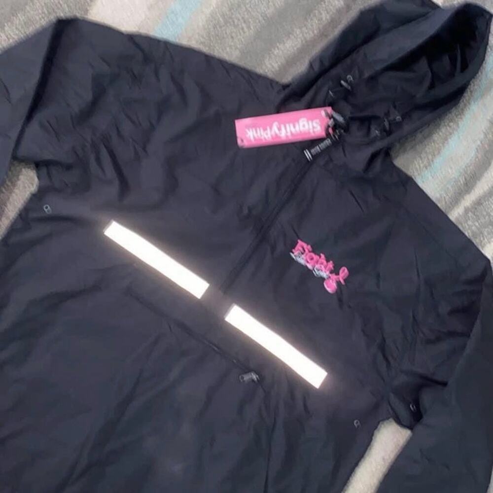 Black Windbreaker Jacket Reflective Stripe BREAST CANCER FIGHT LIKE A GIRL SMALL